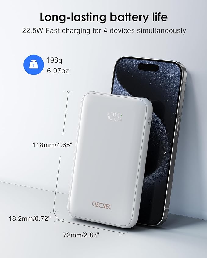Portable Charger 10000mAh, Cell Phone Portable Power Banks with 22.5W PD Fast Charging, Compact Phone Charger Built in Cable, Compatible with Apple, Samsung, Google, Motorola and More-Grey