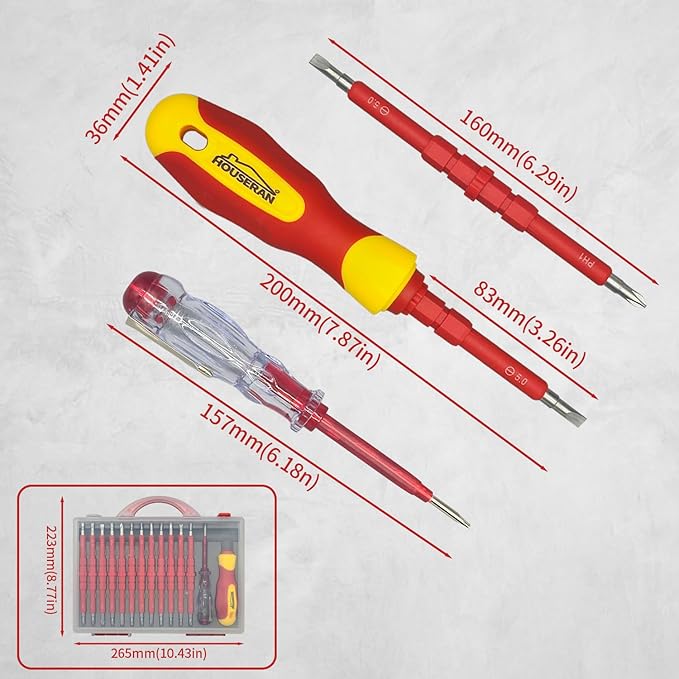 Insulated Screwdriver, HOUSERAN 26 Pcs Screwdriver Set, Magnetic Tip Electrician Tools Kit with Case, 1000V, Screw Driver with Interchangeable Blades, Electrical Screwdriver for Men Household Repair