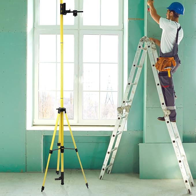 QWORK Laser Level Pole, 12 Ft./3.7M Adjustable Telescoping Laser Pole with Tripod, 1/4-Inch by 20-Inch Mount, Includes 5/8"-11 Adapter