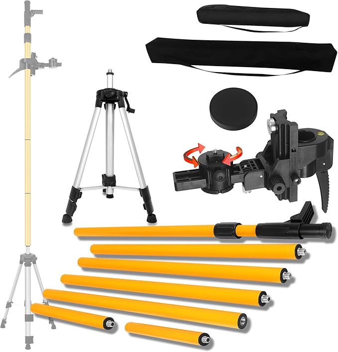13.77-foot/4.2-meter multifunctional laser level pole with 3.93-foot/1.2-meter tripod and 1/4 or 5/8 threaded interface with swivel gimbal