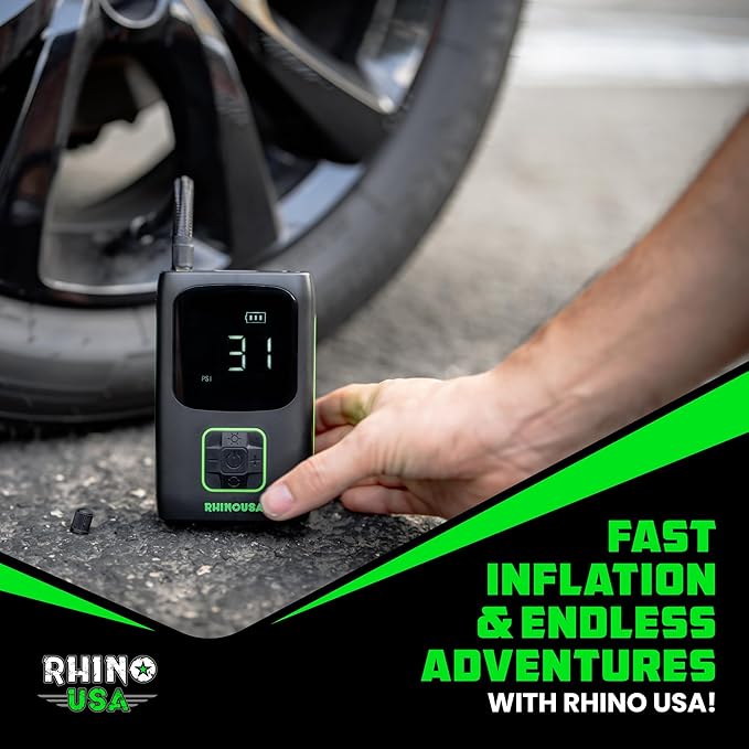 Rhino USA Tire Inflator Portable Air Compressor (150 PSI) Upgraded Air Pump for Car Tires with Digital Pressure Gauge - Best Mini Air Pump for Bike Tires with Dual LCD Screen (Black & Green)
