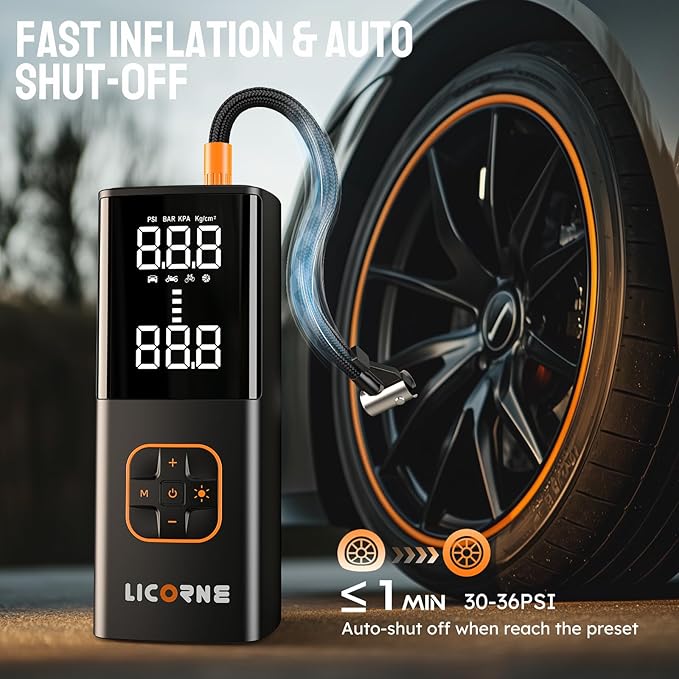Tire Inflator Portable Air Compressor, 5X Faster Portable Air Pump for Car Tires with Powerful Battery, 180PSI Cordless Air Pump with Digital Pressure Gauge for Cars, Bike & Motorcycle Tires, Ball