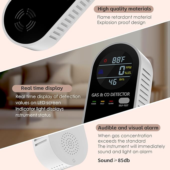 Natural Gas Detectors &Plug in Carbon Monoxide Detector, 4 in 1 Co and Gas Detector Temp Humidity Monitor,Propane, LPG, Gas Detector for Home,Kitchen,Hotels,RV.(2 Pack)