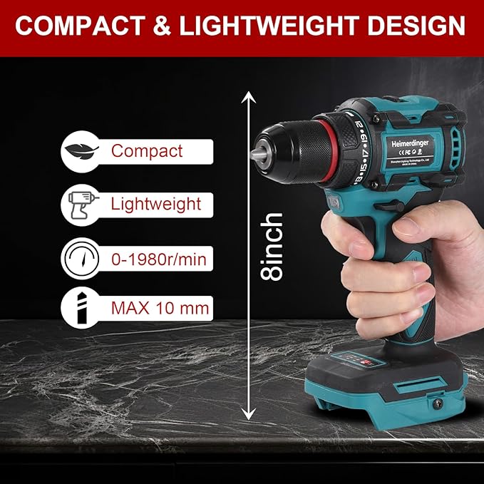 354 In-lbs Cordless Drill Driver for Makita 18V Battery, 3/8" Keyless Chuck, 21+1 Torque Settings, 1980 RPM, LED Light