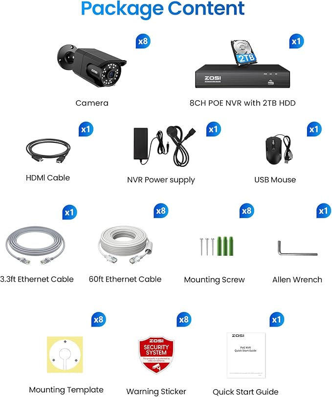 ZOSI 4K 8CH PoE Security Camera System (16CH Expandable), H.265+ 8CH NVR with 2TB HDD for 24/7 Record, 8 x 8MP PoE IP Cameras Outdoor Indoor, Human Detection, One-Way Audio, 100ft IR Night Vision