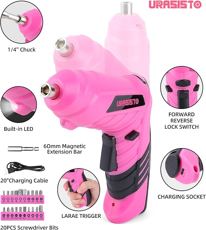 Pink Household Tool Set with 3.6V USB Electric Screwdriver, 136 PCS Home Tool Kit with Cordless Lithium-ion Drill Driver, Hand Tool Kits for Women