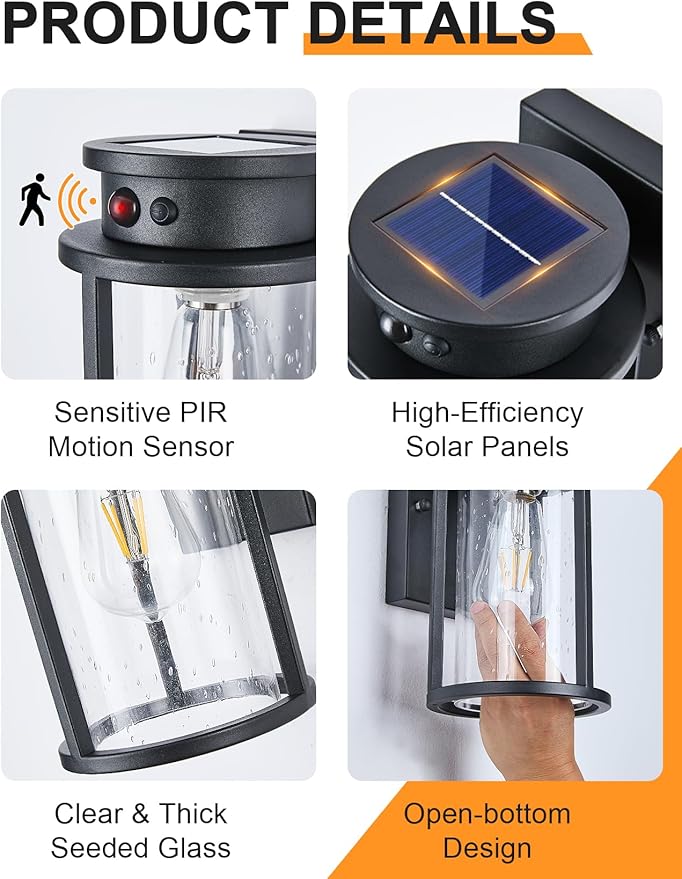 Solar Outdoor Wall Light Motion Sensor Outside Wall Lamp Dusk to Dawn Exterior Light Fixtures Wall Mount Outside Coach Light with Seeded Glass Porch Light IP65 for House Patio