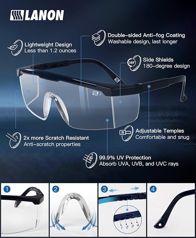 LANON 3 Pack Anti-Fog Safety Goggles with Ajustable Temples, 2.5 Times ANSI Z87.1 Double-sided Antifog, Side Protection, High Transmission, Lightweight