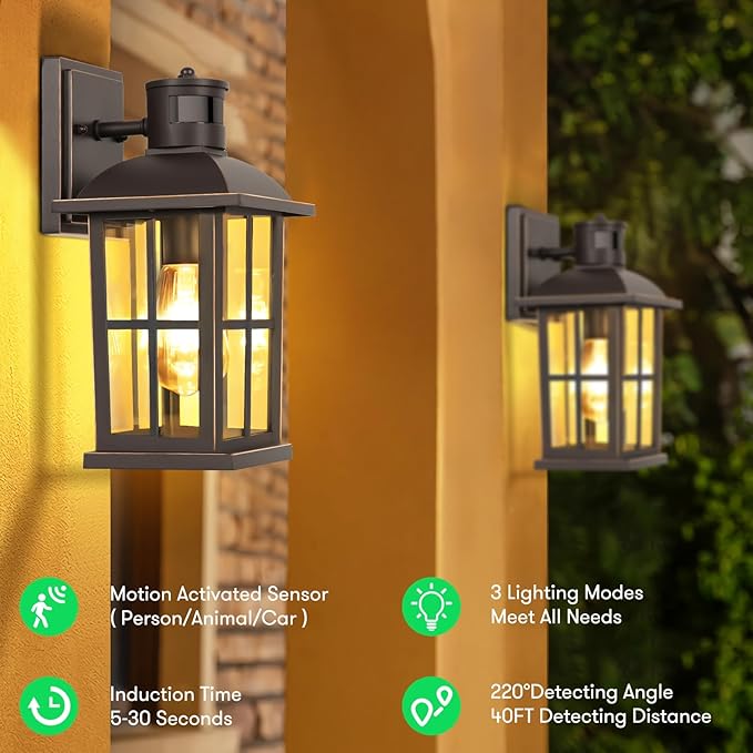 13in Motion Sensor Porch Light, Anti-Rust 100% Aluminum Dusk to Dawn Outdoor Light Fixtures, Exterior Wall Lantern Sconce Lighting Brown, Outside Lights for House Wall Mount for Entryway Garage