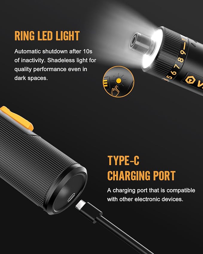 VIGRUE Cordless Screwdriver Set, 8V Max 10Nm Rechargeable Electric Screwdriver with 47 Accessories, 320RPM/10+1 Torque Setting power screwdriver kit, 2 Position Handle with LED Light