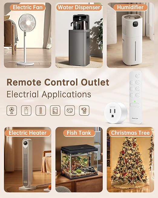 ELECTOP Remote Control Outlet, 15A/1500W Wireless Outlet Power Switch with Countdown Function, No Wire Long Range Electrical Switch Plug On/Off for Lights, Fans, Christmas Lights, Household Appliance