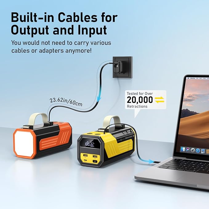 Laptop Power Bank,70,000mAh Portable Charger with 100W USB-C Ports, Built-in and Retractable Cables,100W Input, Fast Charging for MacBook Pro/Air/iPhone 16/iPad Pro/Galaxy S25 Ultra and More