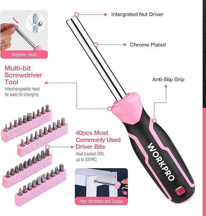 WORKPRO Pink Tool Set, 277 PCS Home Repairing Tool Kit, Pink Tool Bag with 13-Inch Wide Mouth Open Storage Bag, Portable Home Tool Kit Including Hammer, Screwdriver, and Household Tools - Pink Ribbon