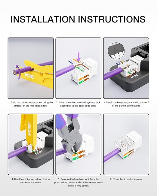 VCE RJ45 Cat6 Keystone Jacks UL Listed 50-Pack, UTP Ethernet Keystone Jacks with Keystone Punch Down Stand Tool and Wire Stripper Cutter, White