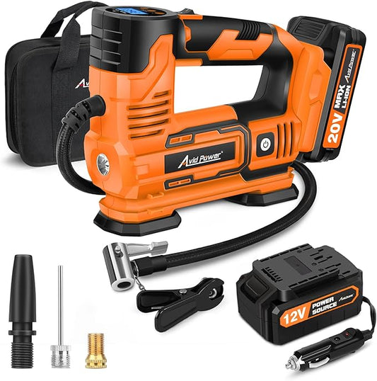 AVID POWER Tire Inflator Portable Air Compressor, 20V Cordless Car Pump w/Rechargeable Li-ion Battery, 12V Car Power Adapter, Digital Pressure Gauge, Tire Air Compressor for Many Inflatables