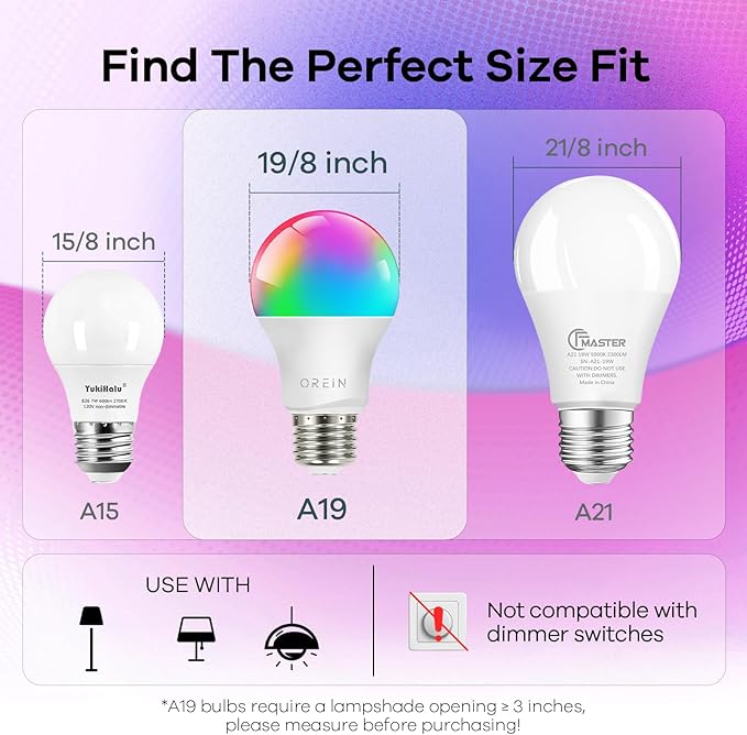 OREiN Matter Smart Light Bulb, Smart Light Bulbs Work with Apple Home, Alexa, Google Home, SmartThings, A19 Color Changing Light Bulbs 2.4Ghz WiFi, 800 Lumens Equivalent 60W 6Pack