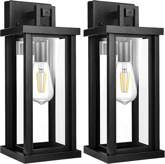 DBF Outdoor Wall Lanterns, Exterior Waterproof Wall Sconces Light Fixtures, Black Porch Lights Outside with Clear Glass, E26 Base Anti-Rust Heavy Duty Metal for House Garage Front Door, 2 Pack