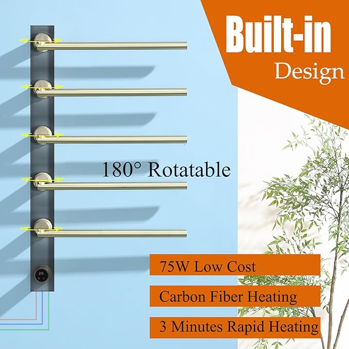 Heated Towel Rack Concealed Smart, 93W Swivel Electric Towel Warmer for Bathroom, Built-in Modular Electric Towel Rack with Timer, Thermostat, LED Display, APP, 5 Bars 180° Rotation, Hardwired, Gold