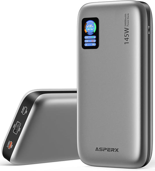 AsperX Laptop Portable Charger, 24,000mAh 145W Power Bank, TFT Smart Display, USB C PD 3.1 Fast Charging Travel Battery Pack (86.4Wh) for MacBook, iPhone 17/16,Dell XPS, Steam Deck(Flight-Approved)