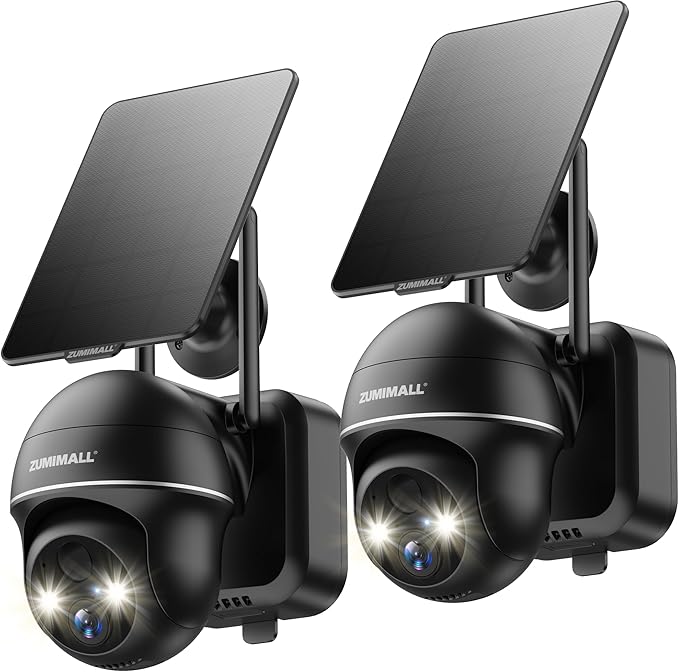 ZUMIMALL Security Cameras Wireless Outdoor - 2 Packs, 360°View Outdoor Camera Wireless Solar Powered,2.4G WiFi, Spotlight/Siren//3MP Color Night Vision/AI Detection/IP66/Cloud/Alert, Work with Alexa