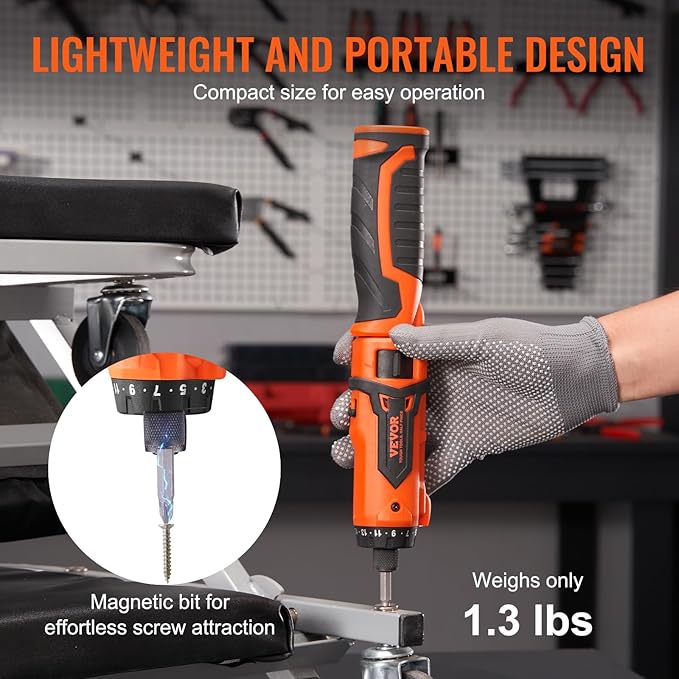 VEVOR Cordless Screwdriver,4V 7Nm Electric Screwdriver Rechargeable Set with 12 Accessory Kit and Charging Cable,Screw Gun with 20+1 Torque Setting & Twistable Handle for Home DIY.