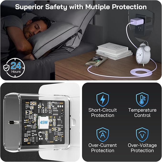 45W Super Fast Charger USB C, 45 Watt Type-C Android Phone Charger Fast Charging Block with 10FT Type C Cords for Samsung Galaxy S25 Ultra/S24 Ultra/S24+/S23 Ultra/S22 Plus/S20,Tab S9/S8 Ultra(Purple)