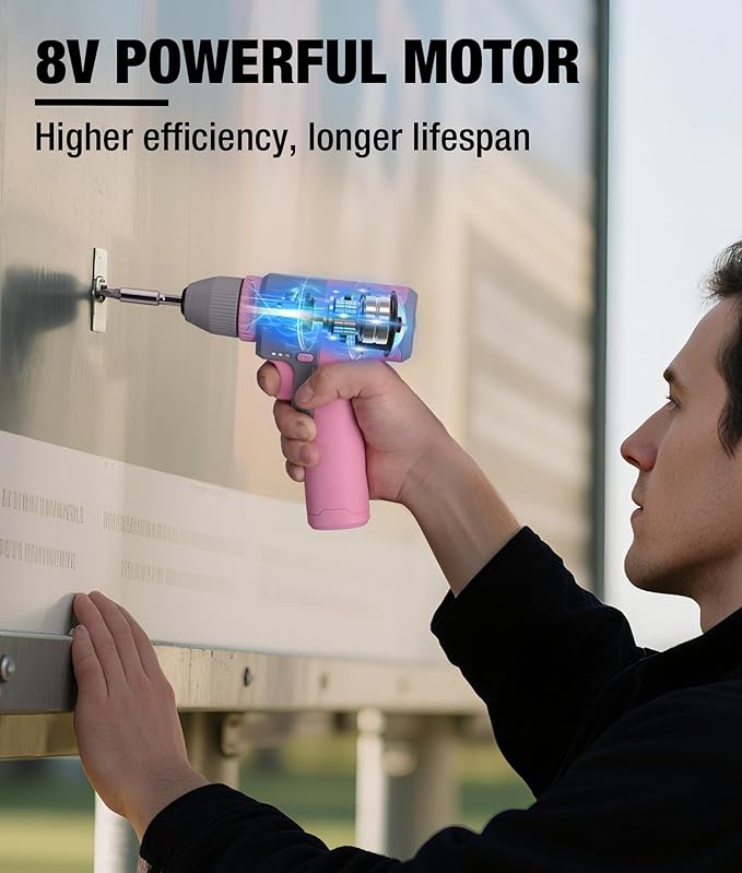 WORKPRO Pink Cordless 8V Drill Driver Set, 2Ah Electric Power Drill with 3/8'' Keyless Chuck, 15pcs Bits & 1 Type-C Charging Cord for Drilling and Screwing - Pink Ribbon