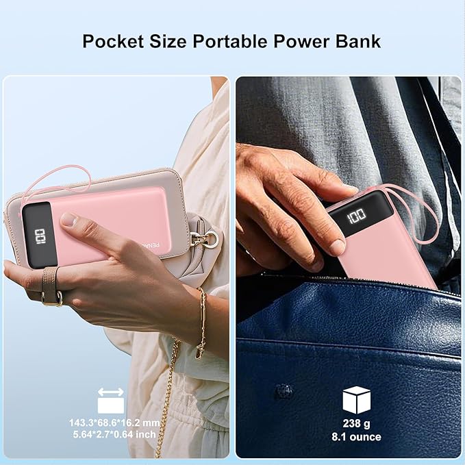 Portable Charger 10000mAh Power Bank with Built-in Cable, 5 Output 2 Input Travel Essential External Battery Pack with LED Display Compatible with iPhone 16/15 Samsung S22 Android,etc