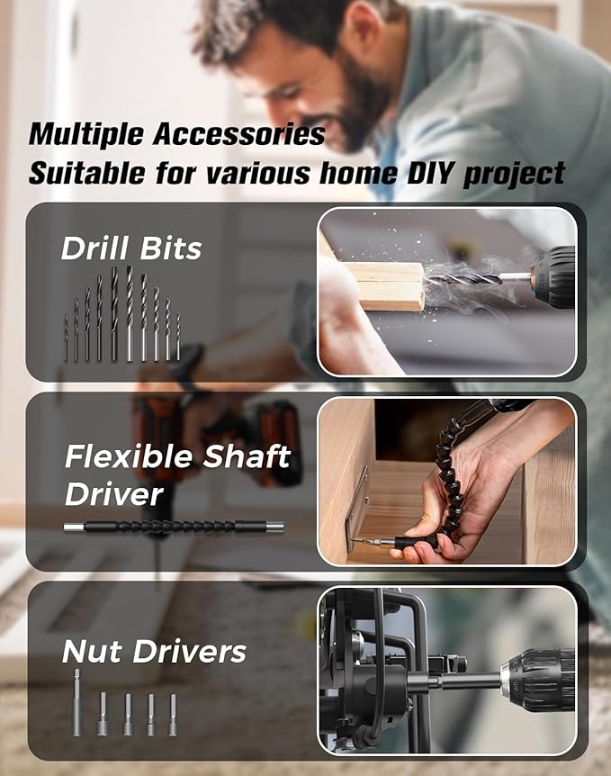 Cordless Drill, 20V MAX Power Drill Set with 2.0Ah Power Pack & Charger, 3/8 Inch Keyless Chuck, Variable Speed, 25+1 Position and 56PCS Bits/Screws, Power Tools for Home Projects