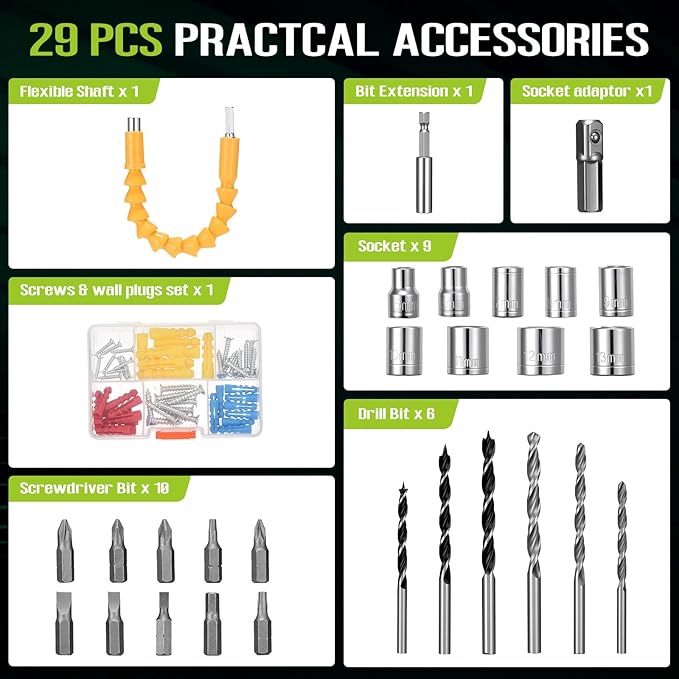 WORKBLESS 21V Power Drill Set, Cordless Drill with Battery and Charger, 3/8'' Keyless Chuck, Variable Speed, 18+1 Torque Setting and 28pcs Drilling/Driver Bits Tool Set(Green)