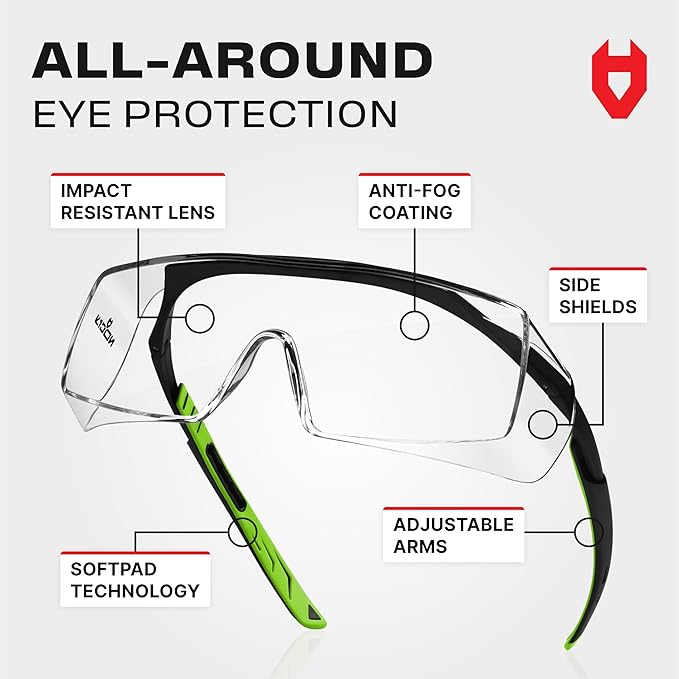 NoCry Anti Fog Safety Glasses that Fit Over Glasses with Scratch Resistant Lens — ANSI Z87 & OSHA Certified Over Glasses Safety Glasses for Men and Women with Adjustable Temples and 100% UV Protection