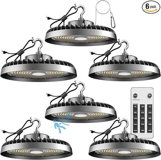 Smart 250W LED High Bay Light 37500lm Commercial Bay Lights with Remote Control(Supports Normal Mode & Motion Sensor Mode) AC100-277V ETL UFO Light-6Pack