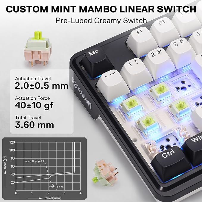 Redragon K745 PRO Wireless Gasket RGB Gaming Keyboard, 108 Keys Mechanical Keyboard w/Extra 4 Hotkeys, Hot-Swap South-Facing LED Socket, 5-Layer Noise Dampening, Round PBT Keycaps, Mint Mambo Switch