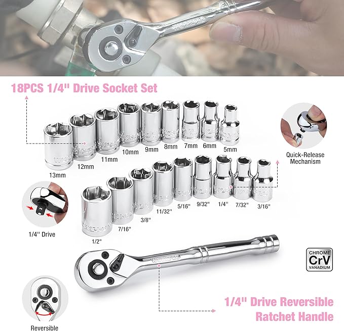 WORKPRO Pink Tool Set, 284 PCS Tool Kit for Women, Basic Household Pink Tool Box with Sockets, Pliers, Ratchet Handle, Portable Toolkit for Home Repair, New Apartment, House-Warming, DIY - Pink Ribbon