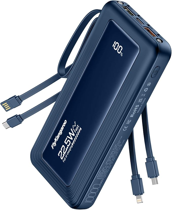 Portable Charger with Built in Cables, Slim 10000mAh Fast Charging 22.5W Power Bank USB C LED Display Battery Pack 6 Outputs & 2 Inputs for iPhone Samsung Pixel LG Moto iPad