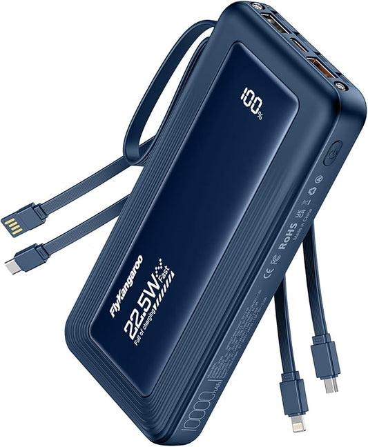 Portable Charger with Built in Cables, Slim 10000mAh Fast Charging 22.5W Power Bank USB C LED Display Battery Pack 6 Outputs & 2 Inputs for iPhone Samsung Pixel LG Moto iPad