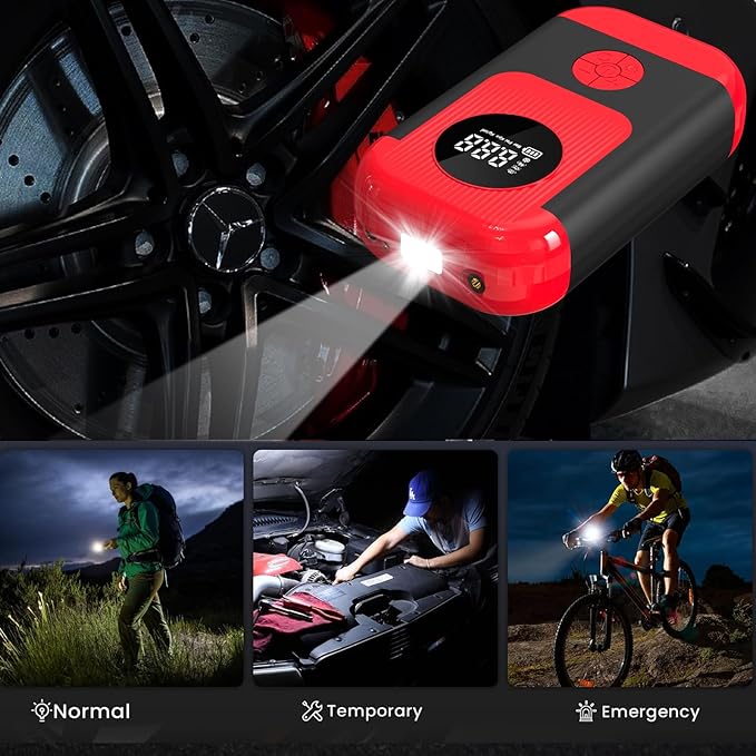 Tire Inflator Portable Air Compressor & Car Jump Starter, Cordless Air Pump with LED Light & Pressure Gauge for Auto,Motorcycles,Bikes,Balls, Emergency Battery Booster & Phone Charger,150PSI