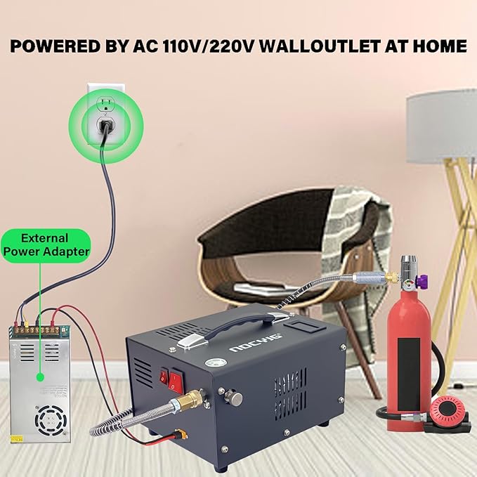 Pcp air compressor 4500PSI Portable PCP Compressor, 12V DC/110V AC PCP Airgun Compressor Manual-stop, w/External Power Adapter, Built-in Fan, Suitable for Paintball, Air Rifle, Scuba Bottle