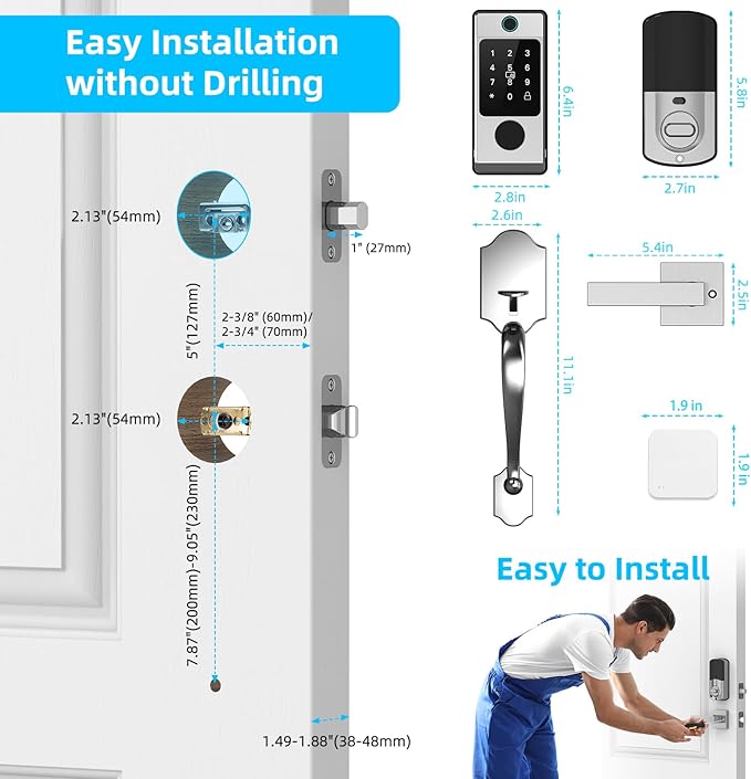 WiFi Front Door Lock Set - Miuedo Keyless Entry with Handle Keypad, Smart Deadbolt, Fingerprint, Auto Lock, Code, Fob, Remote Control - Silver
