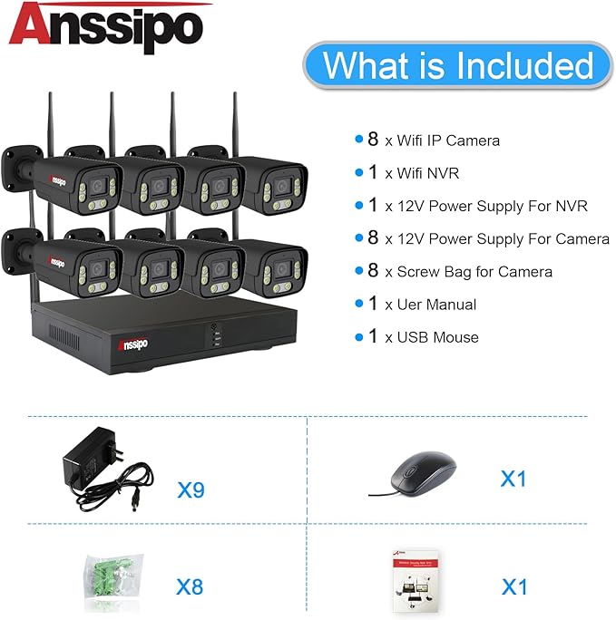 5MP Wireless Security Camera System with 2TB, 8pcs 5MP WiFi Security Cameras for Home Outdoor Indoor with 2-Way Audio/Motion/Face Detection/Colour Night Vision, 8 Channel H.265+ NVR, Metal Housing