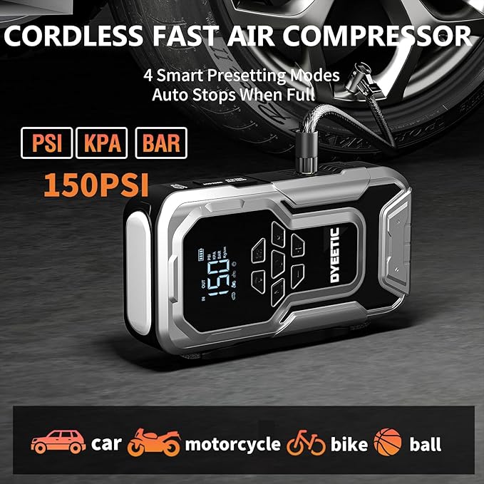 Portable Car Jump Starter with Air Compressor,6000A 150PSI Car Battery Jump Starter (All Gas/10.0L Diesel Engines),12V Pack Jump Box with Large Digital Display, 21800mAh Power Bank,Smart Jumper Cable