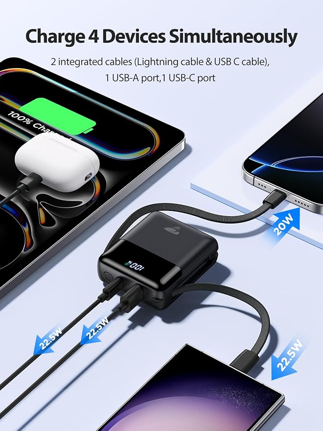 Aioneus Portable Charger 10000mAh, 22.5W Power Bank Fast Charging, Battery Pack with Built-in USBC Cables, Small Portable Charger Power Bank for iPhone 17/16/15/14/13/12, Samsung S25/S24/S23, Android