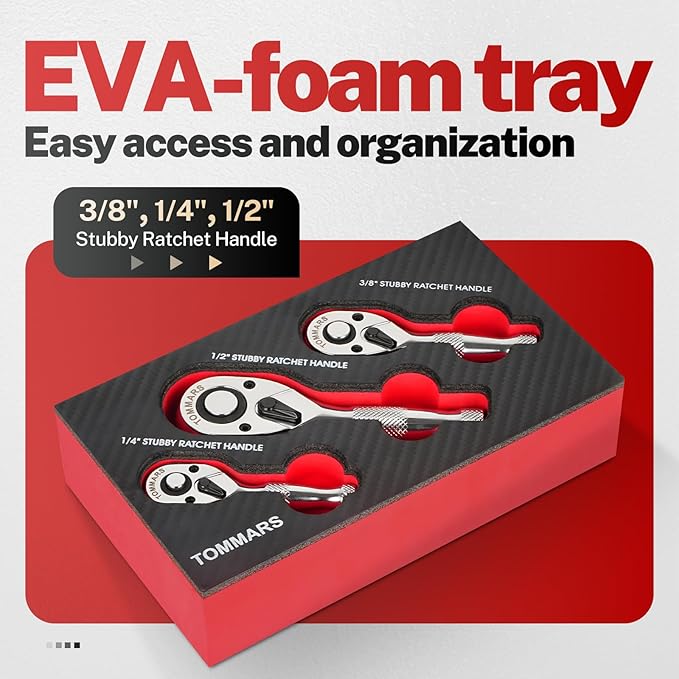 TOMMARS Stubby Ratchet Set, 1/4", 3/8", 1/2" Drive Ratchet Handle Wrench 72-Tooth Quick-Release Reversible