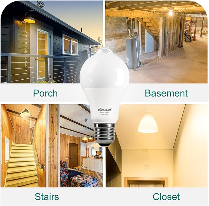 DiCUNO PIR Motion Sensor Light Bulbs Outdoor, 8W (60W Equivalent), Motion Activated Dusk to Dawn Security LED Bulb, for Front Porch, Front Door, 810LM, 2700K Warm White, 2 Pack