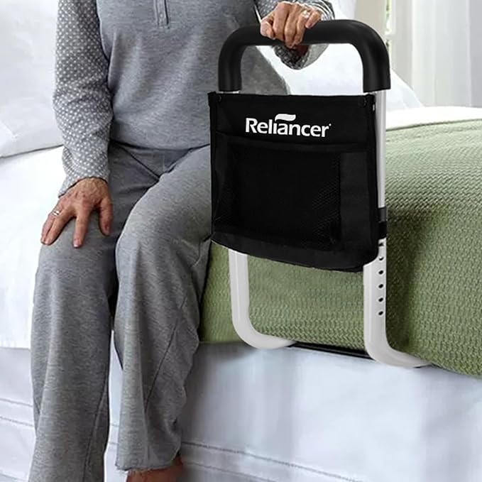 RELIANCER Bed Safety Rail for Elderly Adult,Adjustable Bedside Assist Grab Bar w/Storage Pocket,Bed Side Support Railing for Seniors,Fall Prevent Bedside Handle Bar,Bedside Assist Guard Rails Bed Cane
