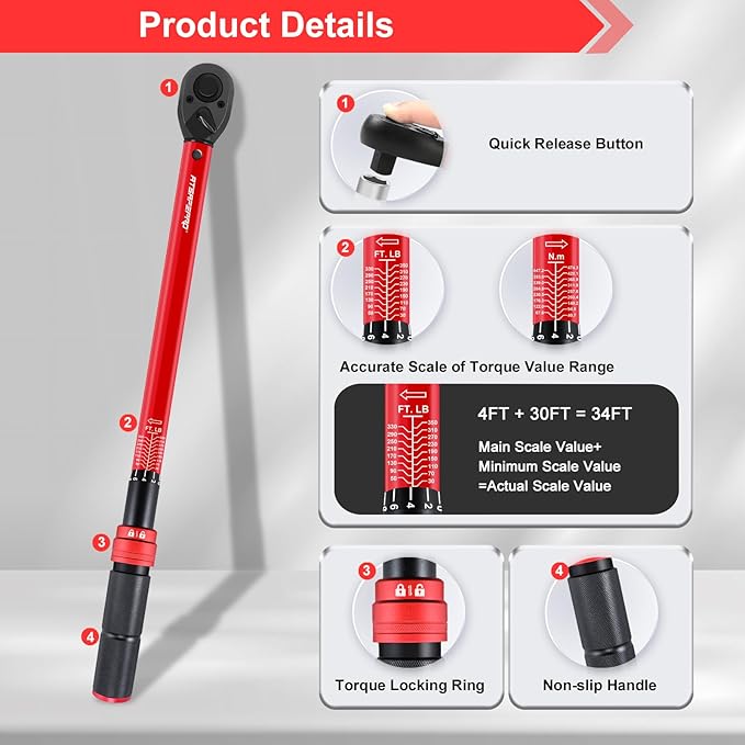 3/4 Torque Wrench,3/4 Drive Torque Wrench-30-350 Ft-Lb(40.7-474.3Nm) Dual Scales,Precision Instruments Torque Wrench Pre-Calibrated Accuracy+-3%,48-Tooth Dual-Direction for Auto & Machinery