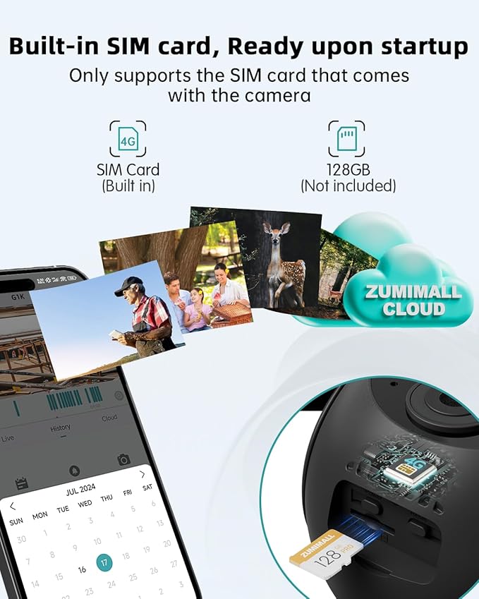 ZUMIMALL 4G LTE Cellular Solar Security Camera Wireless Outdoor, 2K No WiFi Security Camera Solar Powered with Color Night Vision, 2-Way Talk, Motion Alert, Cloud, SIM Included(US Version)