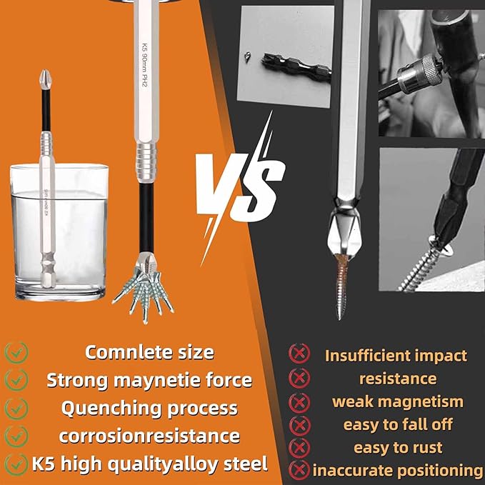 High Magnetic Screwdriver Drill Bit Set - With Magnetizer K5 Impact Resistant Non Slip Bit, Universal Anti-Slip Magnetic Electric Screwdriver Set, 25 50 65 70 75 90 100 120 150mm (9Pcs)