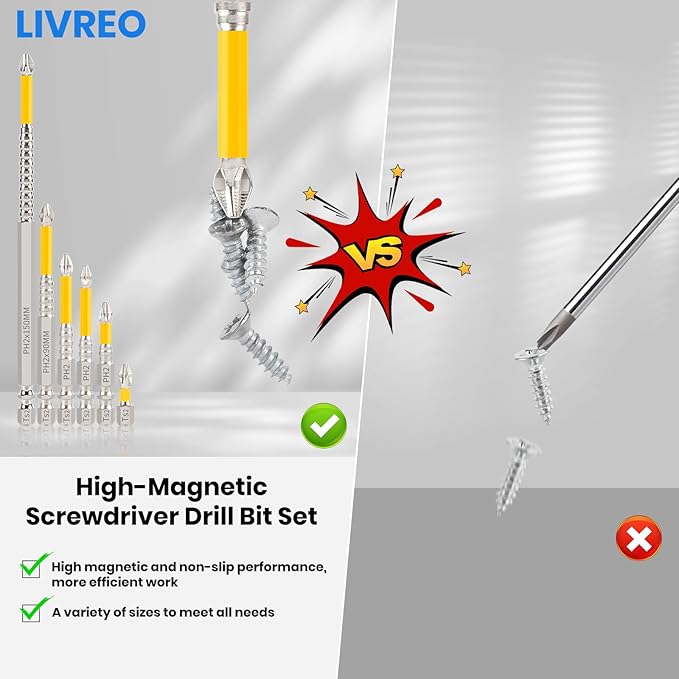 High Magnetic Screwdriver Drill Bit Set, K5 Impact Resistant Non Slip Bit, Strong Magnetic Drill Bit Set, Anti-Slip Magnetic Electric Screwdriver Set, 25 50 65 70 90 150mm (6Pcs)
