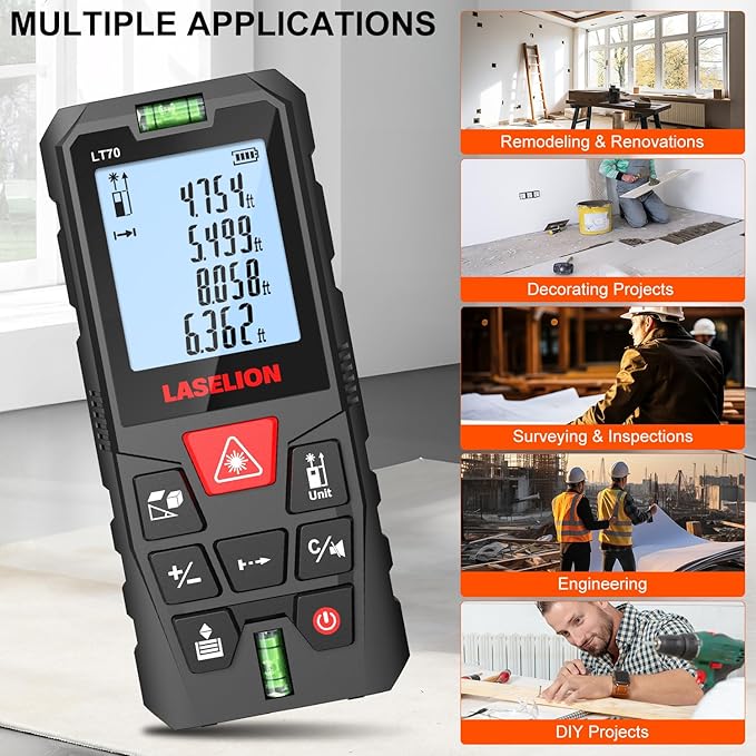 LT70 Laser Distance Meter – 70m (229ft) Range, High Accuracy, Multiple Measurement Modes, Built-in Level Bubble, Handle Laser Distance Measurement Tool,Mute Function (229ft)